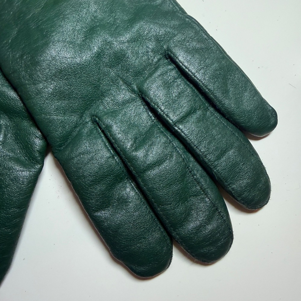 Vintage Isotoner Dark Forest Green Leather Fleece Lined Gloves Women Size 8.5